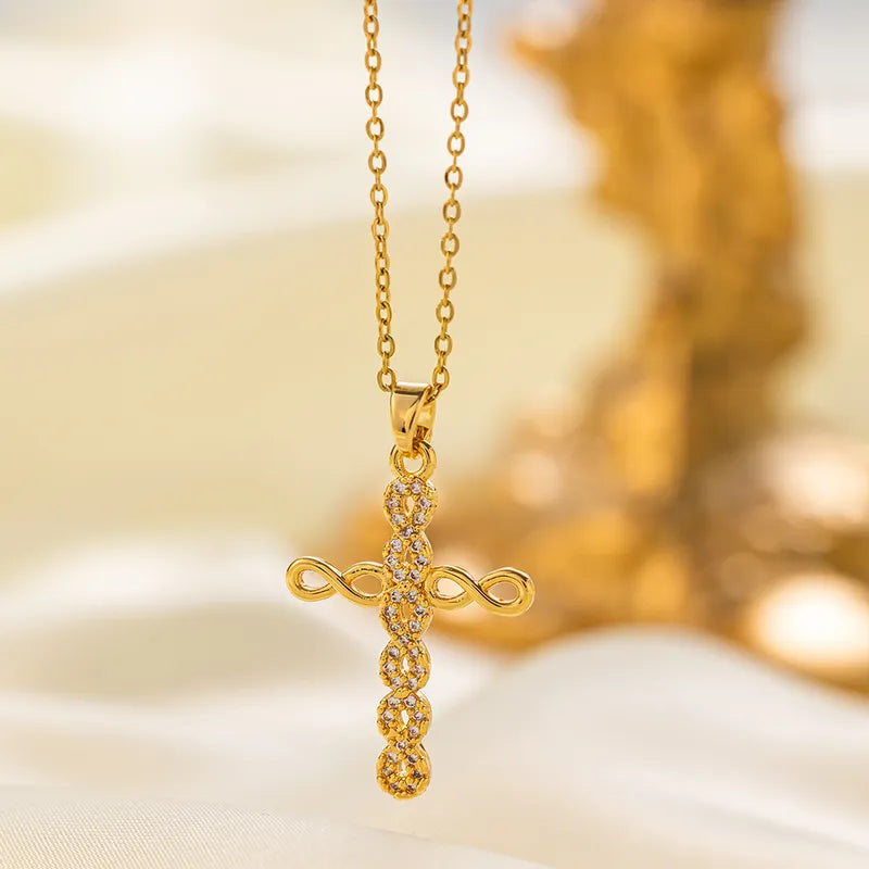 Gold Plated Infinity Rhinestone Cross Necklace